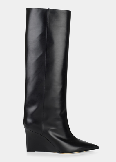 Shop Jimmy Choo Blake Tall Leather Wedge Boots In Black