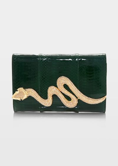 Shop Judith Leiber Serpent Snakeskin Clutch Bag In Emerald