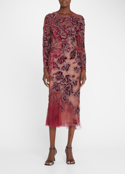 Shop Marchesa Beaded Velvet Floral Tulle Midi Dress In Burgundy