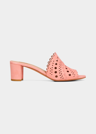 Shop Alaïa Perforated Suede Block-heel Sandals In 451 Rose Fraise