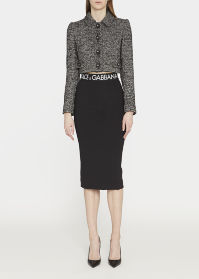 Shop Dolce & Gabbana Tweed Melange Wool Cropped Jacket In Chevwhtblk