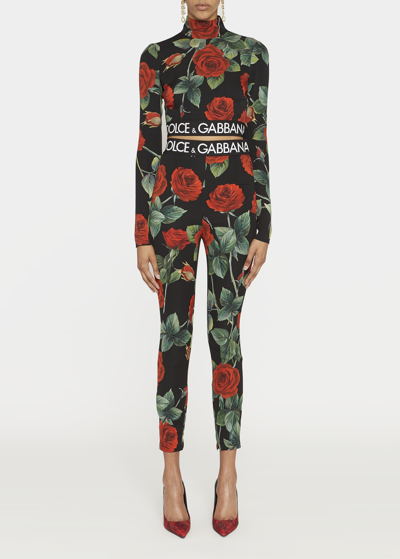 Shop Dolce & Gabbana Rose-print Logo-band Charmeuse Leggings In Blkprtback