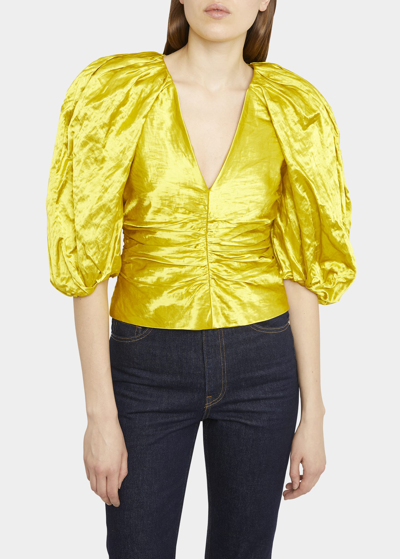 Shop Ulla Johnson Vera Shiny Puff-sleeve Top In Golden Beryl