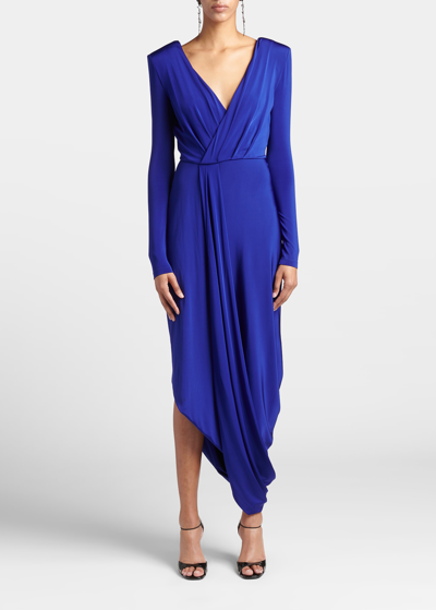 Shop Giorgio Armani V-neck Draped Jersey Maxi Dress In Cobalt