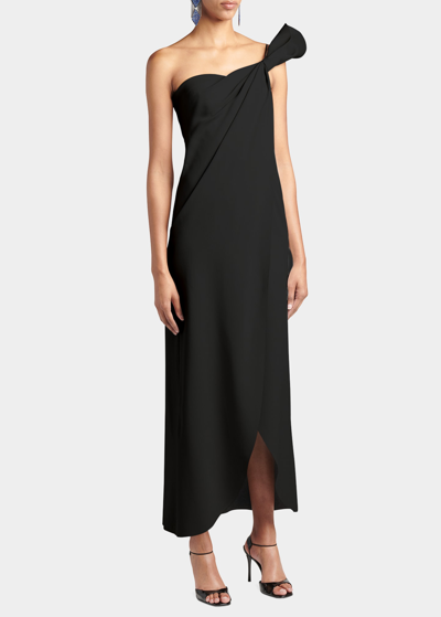 Shop Giorgio Armani Bow One-shoulder Silk Gown In Solid Black