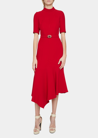 Shop Andrew Gn Crystal-belted Asymmetric Midi Dress In Red