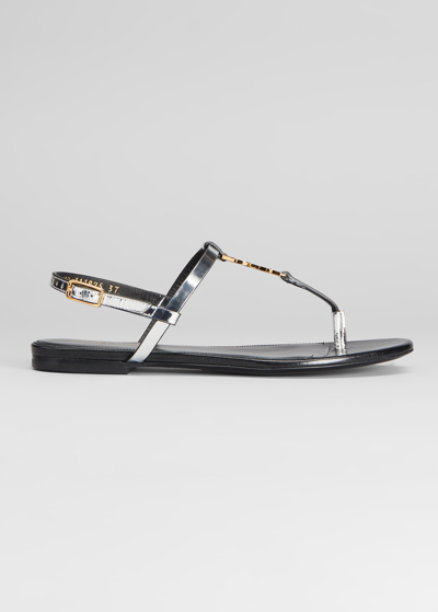 Shop Saint Laurent Cassandra Ysl Medallion T-strap Sandals In Argento 8105