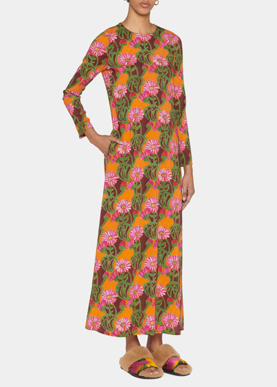 Shop La Doublej Floral Striped-print Long-sleeve Maxi Swing Dress In Orange Gerber