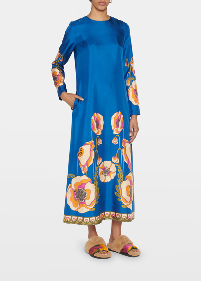 Shop La Doublej Floral Printed Silk Long Sleeve Maxi Dress In Poppies Blue Plac