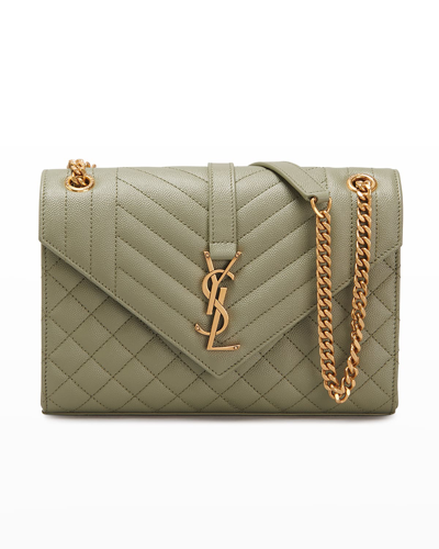 Shop Saint Laurent Triquilt Medium Ysl Monogram Grain De Poudre V Flap Satchel Bag - Golden Hardware In Lt Sag