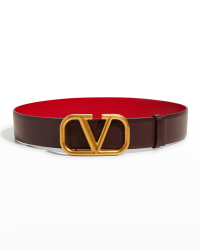Shop Valentino Vlogo Reversible Box Leather Belt In Rubin Rouge