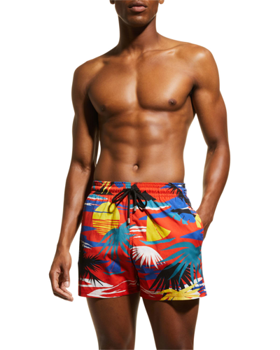 Shop Palm Angels Men's Hawaiian Print Swim Shorts In Red Yellow