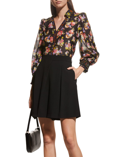 Shop Alice And Olivia Cosima Floral Blouson-sleeve Button-front Top In Magnolia Floral B
