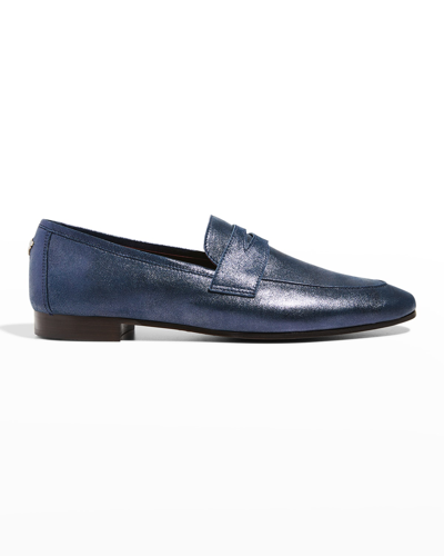 Shop Bougeotte Metallic Calfskin Flat Loafers In Blue Navy