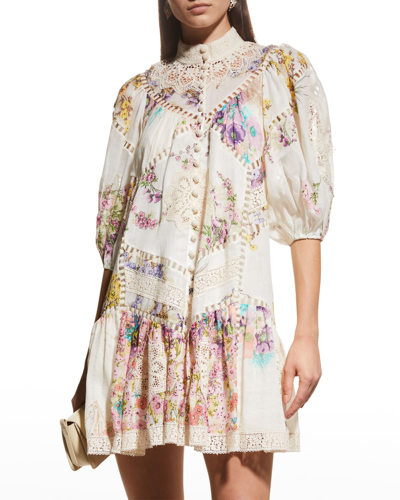 Shop Zimmermann Jude Floral Puffed-sleeve Mini A-line Dress In Spliced