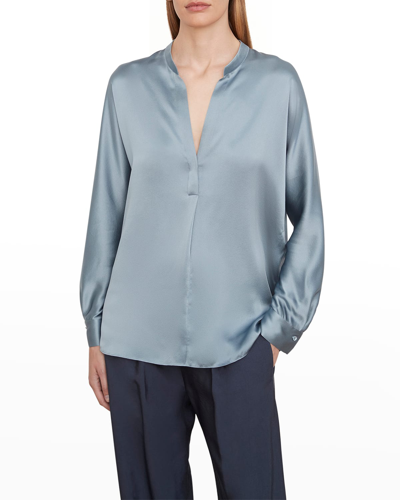 Shop Vince Banded-collar Silk Blouse In Lake