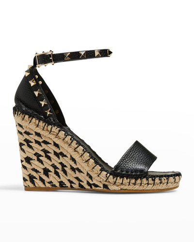 Shop Valentino Rockstud Calfskin Wedge Espadrille Sandals In U55 Neronaturale