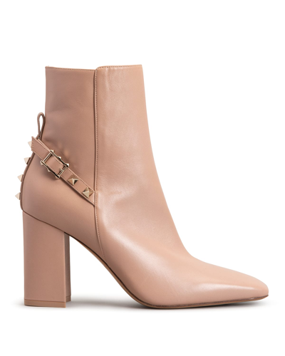 Shop Valentino Rockstud Leather Buckle Ankle Booties In Gf9-rose Cannelle