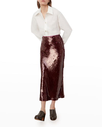 Shop Vince Sequined Slit Midi Slip Skirt In Garnet