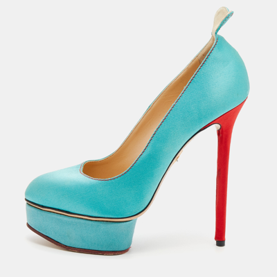 Pre-owned Charlotte Olympia Turquoise/red Satin Josephine Platform Pumps Size 38 In Green