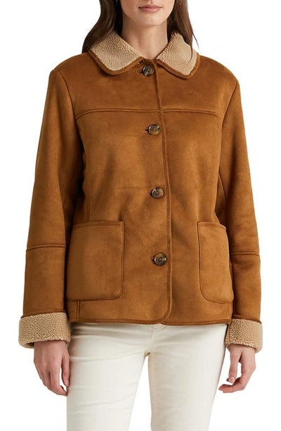 Shop Lauren Ralph Lauren Faux Suede Jacket With Faux Shearling Trim In Cognac