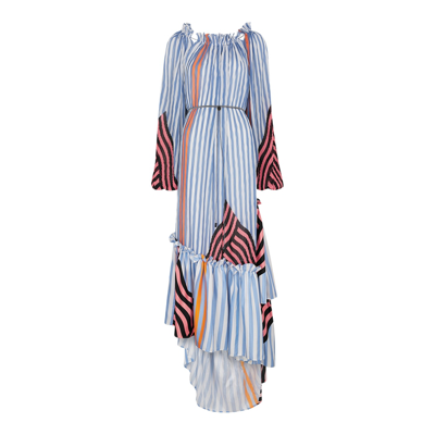Shop Brøgger Nora Striped Plissé Maxi Dress In Blue And White