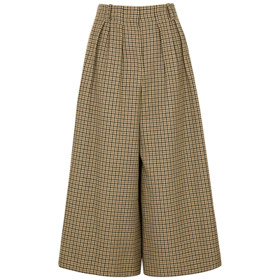 Shop Moncler Brown Houndstooth Wool-blend Cropped Trousers In Beige