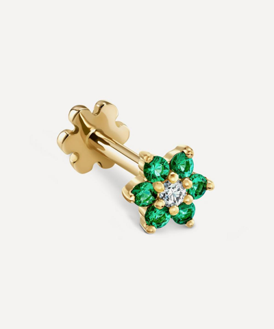 MARIA TASH MARIA TASH 18CT 4.5MM EMERALD AND DIAMOND FLOWER THREADED STUD EARRING 