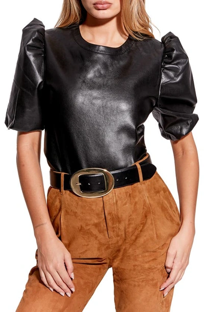Shop As By Df Mara Puff Sleeve Recycled Leather Blend Top In Black