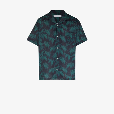 Shop Desmond & Dempsey Navy Byron Tropical Print Cotton Pyjama Shirt In Green