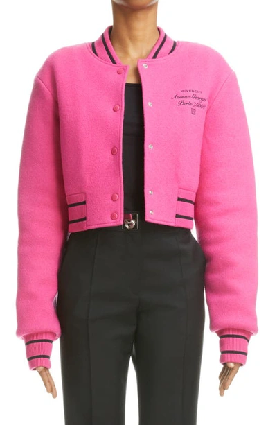 Shop Givenchy Logo Crop Snap Wool Varsity Jacket In 692 Pink Black