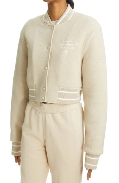 Shop Givenchy Logo Crop Snap Wool Varsity Jacket In 291-beige/ White