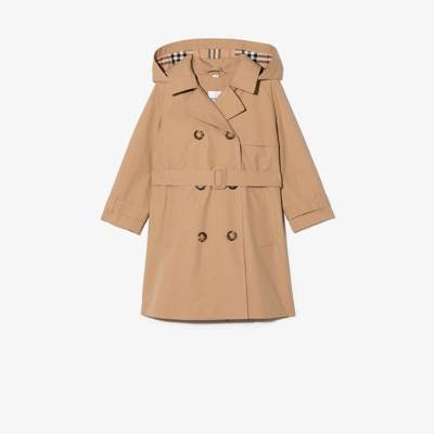 Shop Burberry Neutral Double-breasted Hooded Trench Coat In Neutrals