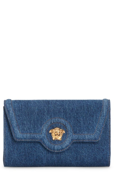 Shop Versace La Medusa Denim Wallet On A Strap In Navy Blue- Gold