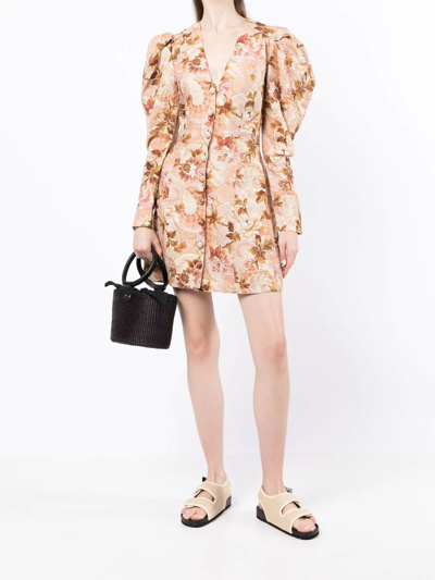 Shop Alemais Phillipa Puff-sleeve Mini Dress In Brown