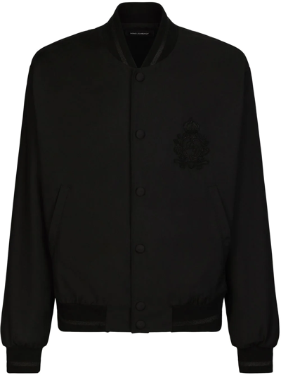 Dolce & Gabbana Solid Color Bomber Jacket With Embroidered Logo In Black
