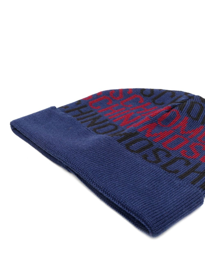 Shop Moschino Intarsia-knit Logo-motif Beanie In Blue