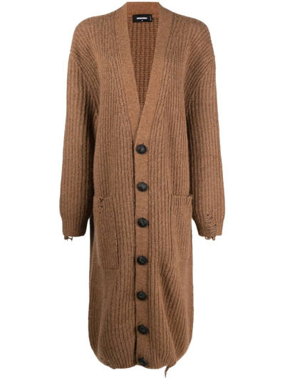 Shop Dsquared2 Extra-long Distressed Knitted Cardigan In Braun
