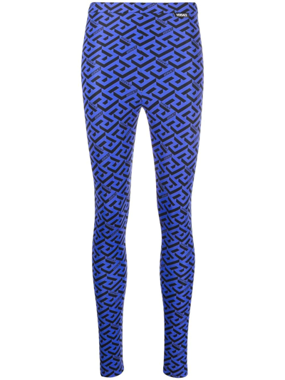 Shop Versace La Greca Print Leggings In Blau