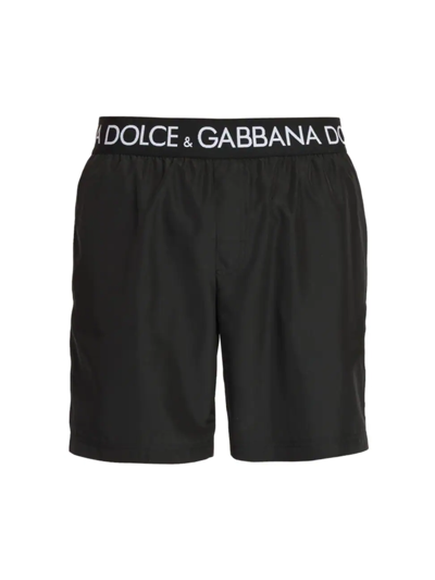 Shop Dolce & Gabbana Men's Logo Waistband Swim Trunks In Black