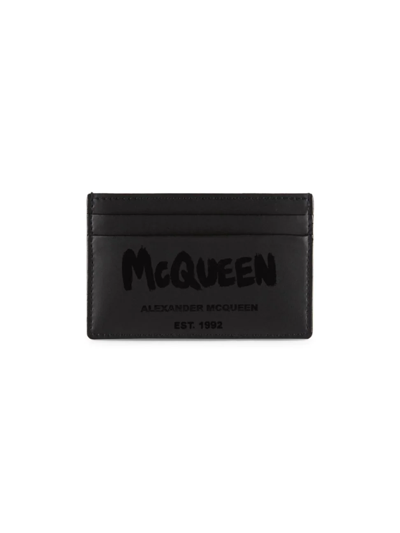 Shop Alexander Mcqueen Men's Grafitti Logo Leather Card Holder In Black