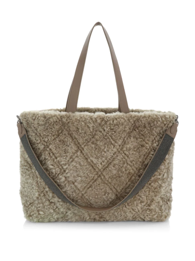 Shop Brunello Cucinelli Women's Quilted Shearling Tote In Taupe