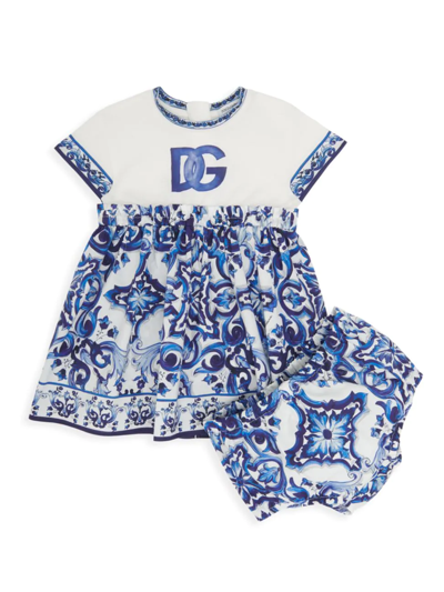 Shop Dolce & Gabbana Baby Girl's Majolica Dress & Bloomers Set In Blue White