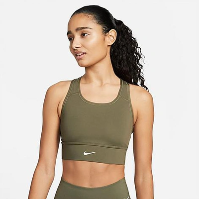 Shop Nike Women's Dri-fit Swoosh Medium-support One-piece Padded Longline Sports Bra In Medium Olive/medium Olive/medium Olive/white