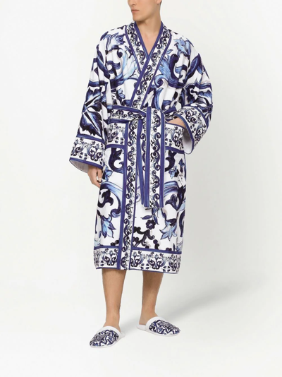 Shop Dolce & Gabbana Graphic-print Long Sleeve Bathrobe In Blue