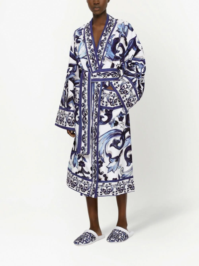 Dolce & Gabbana Graphic-print Long Sleeve Bathrobe In Blue
