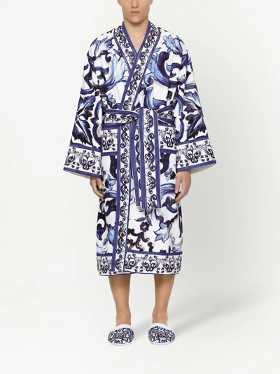 Shop Dolce & Gabbana Graphic-print Long Sleeve Bathrobe In Blue