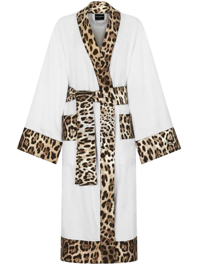 Shop Dolce & Gabbana Leopard-print Cotton Bathrobe In White