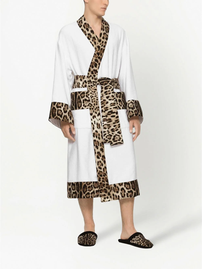 Shop Dolce & Gabbana Leopard-print Cotton Bathrobe In White