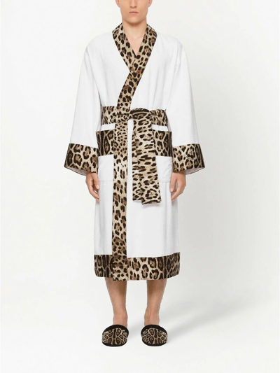 Shop Dolce & Gabbana Leopard-print Cotton Bathrobe In White